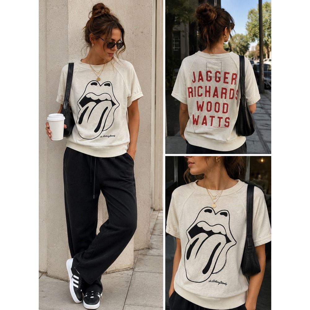 People of Leisure Rolling Stones Organic Cotton Short Sleeve Sweatshirt Cream M